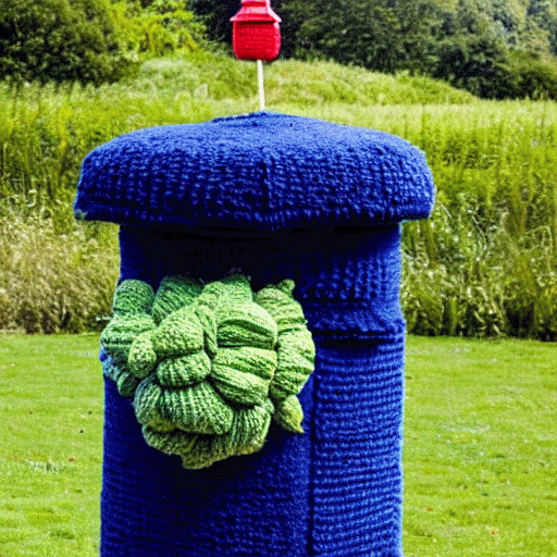 A pillar box completely encased in a blue knitted cover, with a knitted cabbage on the front