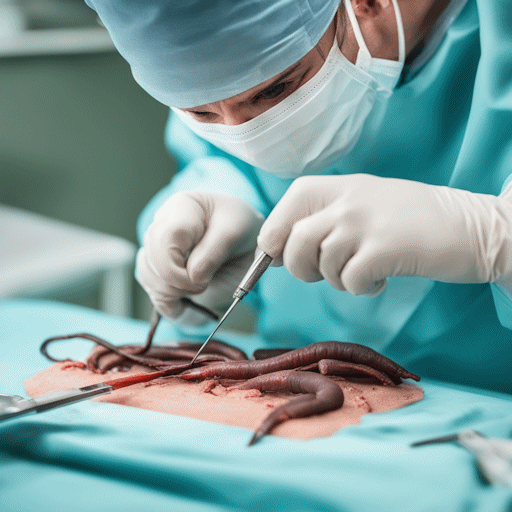 A veterinary surgeon operating on an injured earthworm