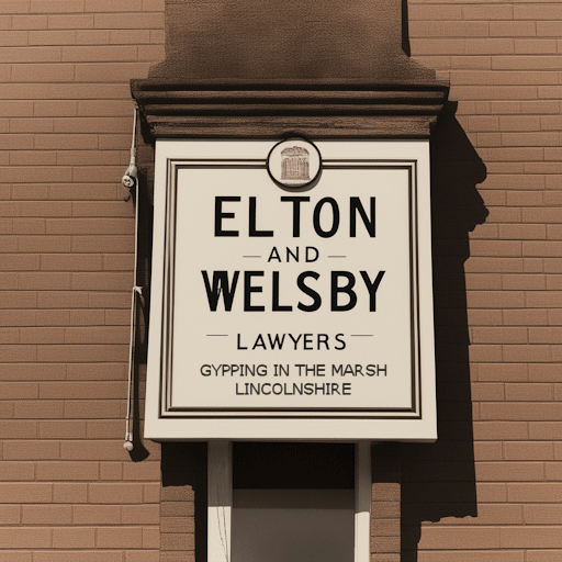 A sign on a building saying 'Elton and Welsby, Lawyers, Gypping in the Marsh, Lincolnshire'