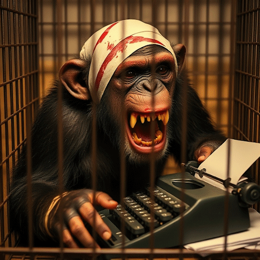 An angry chimpanzee, with a blood-stained bandage around its head, with a typewriter, in a very small cage