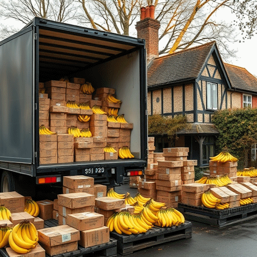 Boxes of bananas being unloaded from the back of a lorry