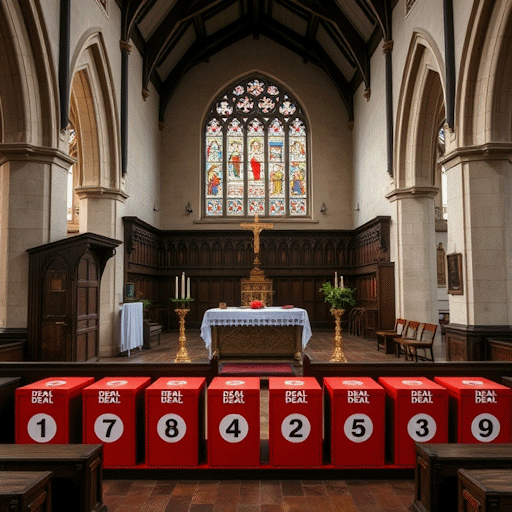 Several numbered red boxes in the chancel of an English parish church