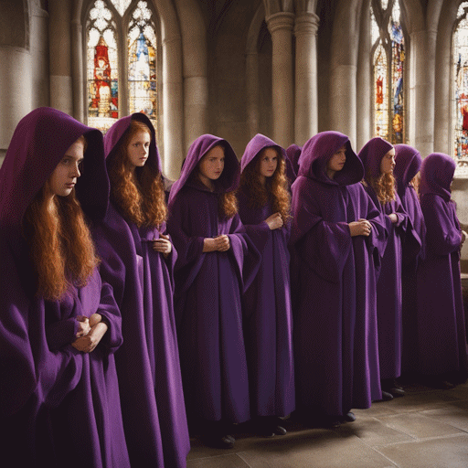 A group of young women dressed in purple robes, standing in a church