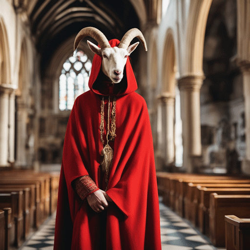 A tall man dressed in a long red robe, wearing a goat's head mask, standing in a church