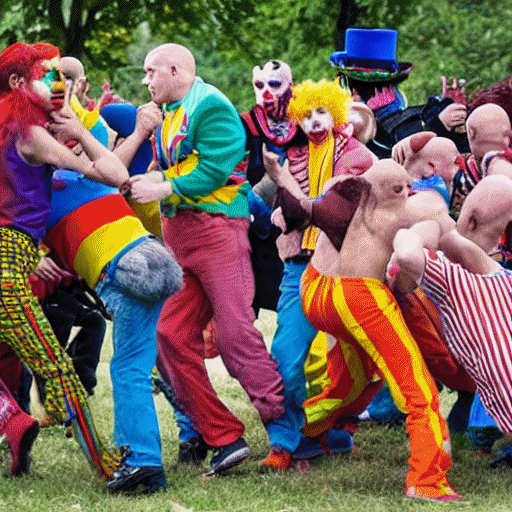 A group of clowns fighting off a mob of louts