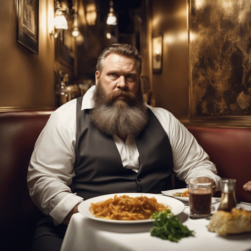 A heavy-set, bearded man sitting at a table in a restaurant