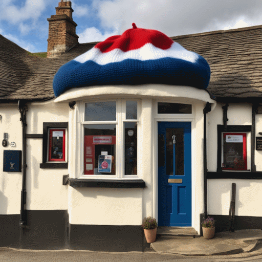 A village post office with a red, white and blue knitted hat covering the roof