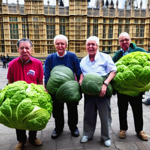 Four elderly people holding large cabbages outside the Houses of Parliament