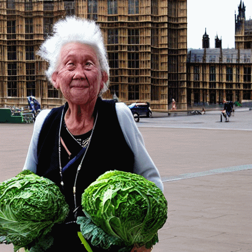 An elderly woman holding two cabbages outside the Houses of Parliament