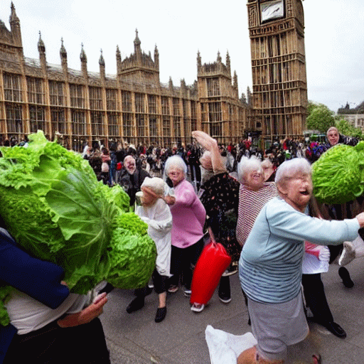 Elderly people throwing cabbages outside the Houses of Parliament