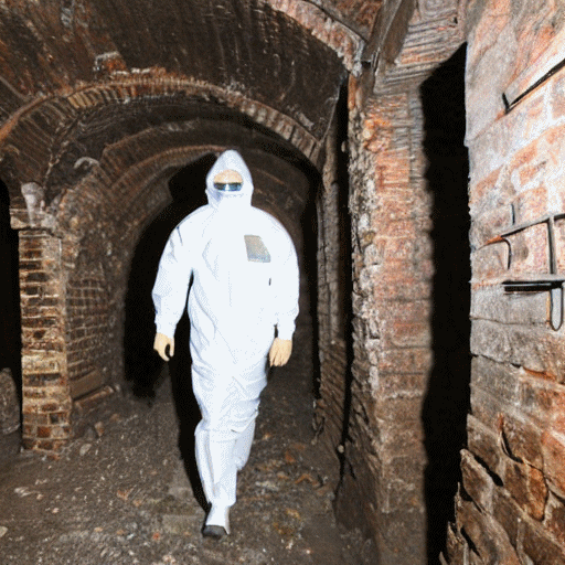 A man walking through an ancient brick-lined cellar in a hazmat suit and mask