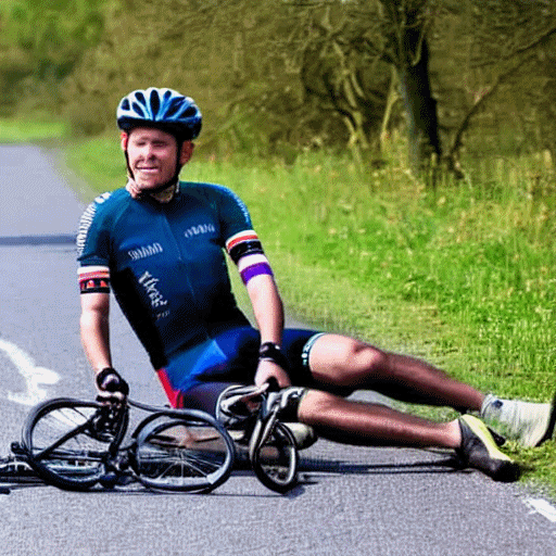 A cyclist lying on the road in a country lane next to his mangled bicycle