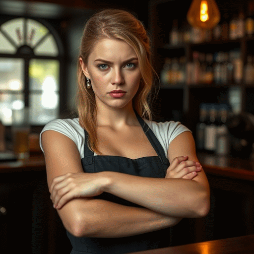 A displeased looking young woman with folded arms, standing behind the bar of a public house