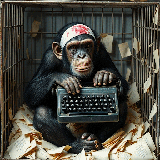 A chimpanzee with a bloody bandage around its head, clutching a typewriter, sitting on a bed of ripped-up papers in a small cage