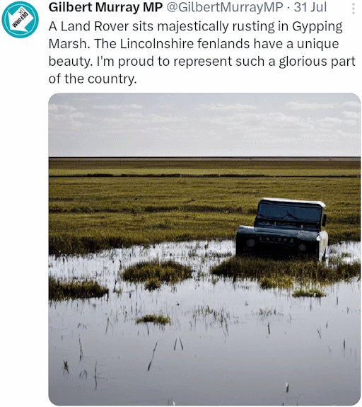 A post on X showing a Land Rover half-submerged in a marsh