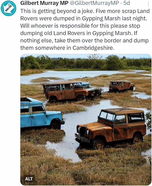 A post on X showing five scrap Land Rovers half-submerged in a marsh