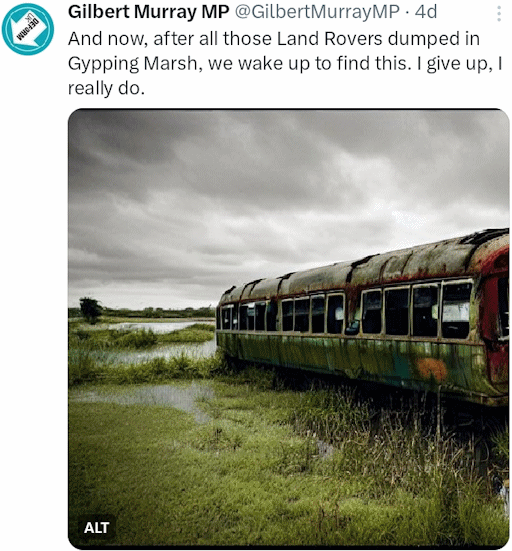 A post on X showing a railway carriage dumped in a marsh