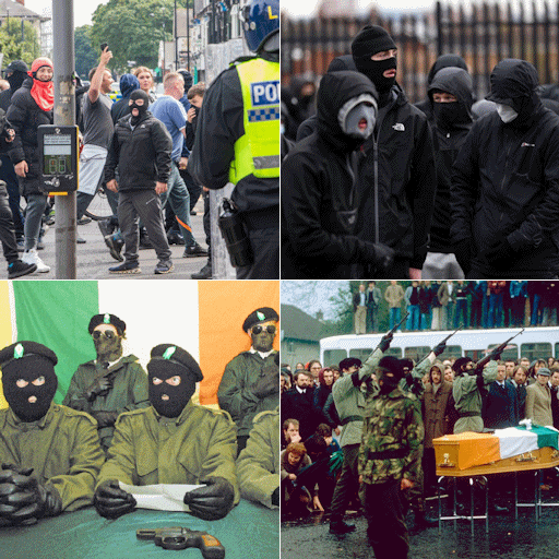 Two pictures of rioters wearing balaclavas, and two pictures of Irish paramilitaries wearing balaclavas