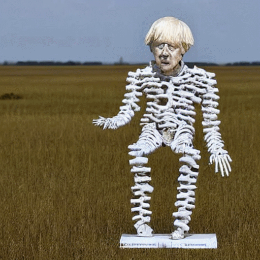 A sculpture of Boris Johnson, made of bones, in a field