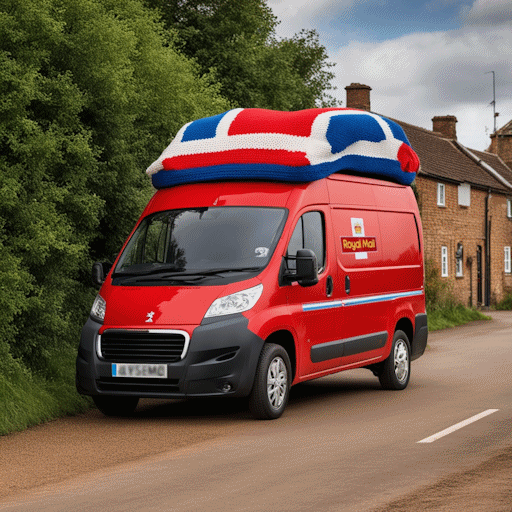 A red Royal Mail van with a red, white and blue knitted hat covering its roof