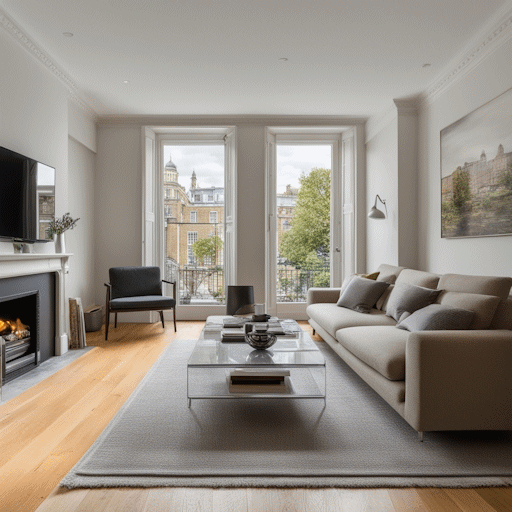 The lounge in a clean, modern apartment