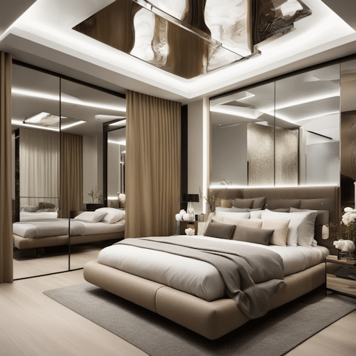 A bedroom with mirrors on every wall and on the ceiling