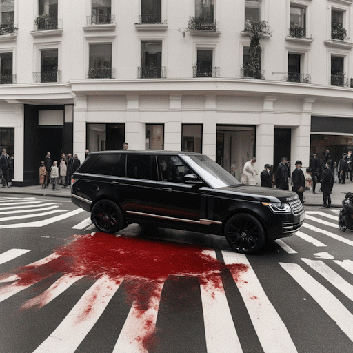 A black Range Rover in the middle of a zebra crossing with a large pool of blood coming out from underneath it