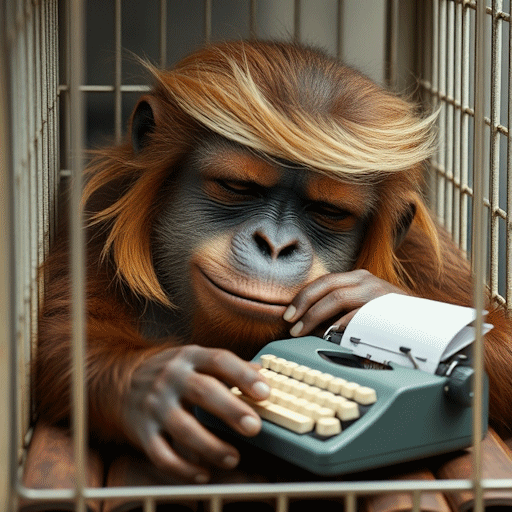 An orangutan, with a typewriter, in a very small cage