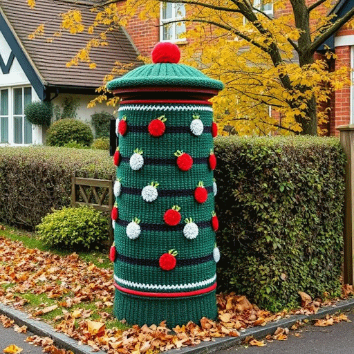 A pillar box with a festive knitted cover that makes it look like a Christmas tree