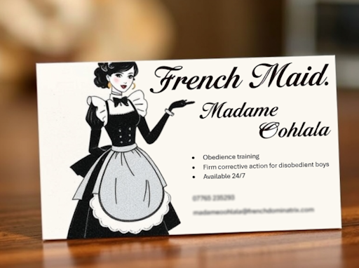 A business card advertising a 'French Maid'