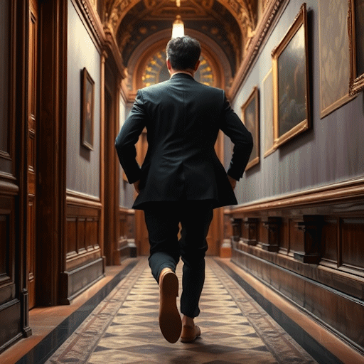 Ed Miliband running away down a corridor in the Houses of Parliament