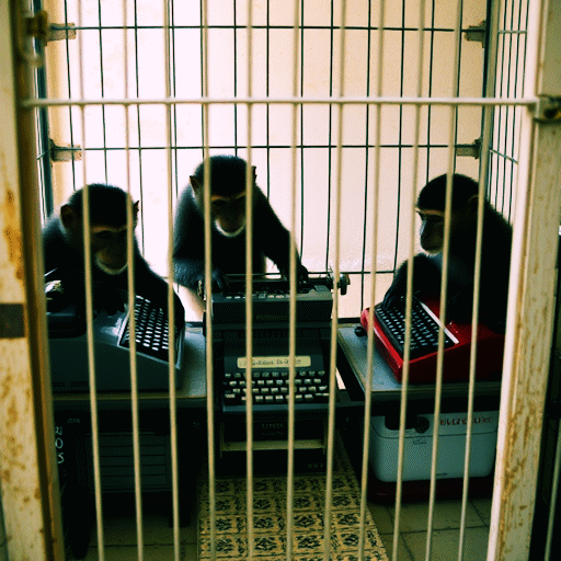 Three monkeys and three typewriters in a small metal cage