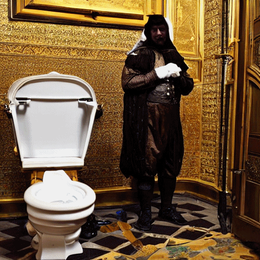 A man in ceremonial dress standing next to a large toilet in a grand, gilded room