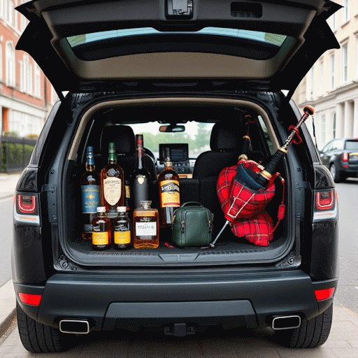 A black Range Rover parked on a London street, with its boot open, full of whisky and a set of bagpipes