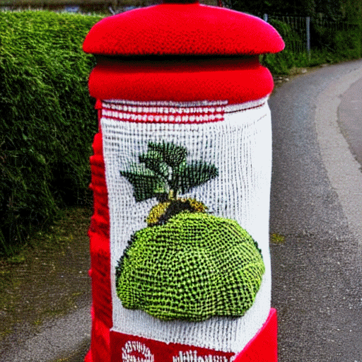 A pillar box completely encased in a red knitted cover, with a knitted cabbage on the front