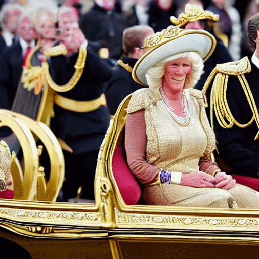 Queen Camilla seated in a golden carriage