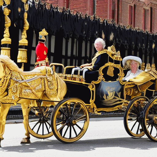 Queen Camilla seated in a golden carriage, pulled by a golden horse