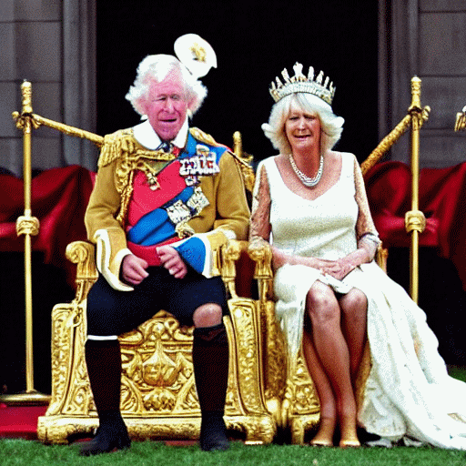 King Charles and Queen Camilla seated on golden thrones