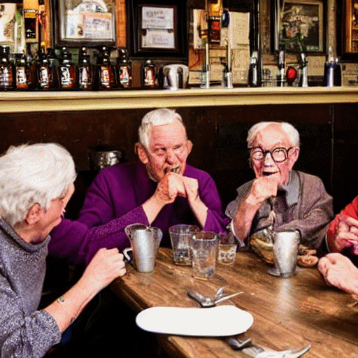 A group of elderly people sitting around a table in a pub