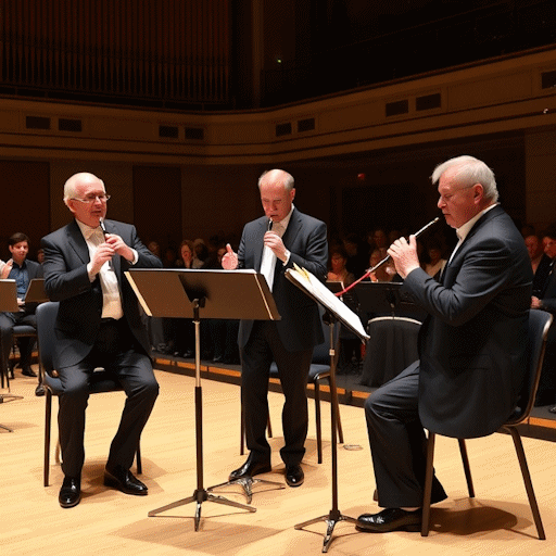 Three well-dressed musicians playing swanee whistles in a concert hall