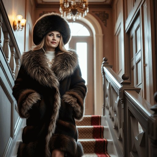 A glamorous Russian woman dressed in furs, walking down a grand staircase