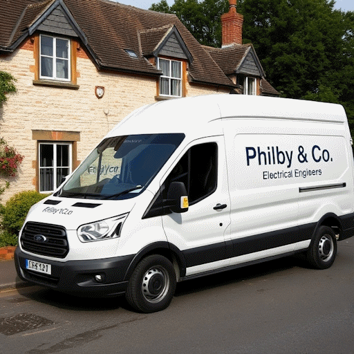 A white Ford Transit van with Philby & Co Electrical Engineers written on the side