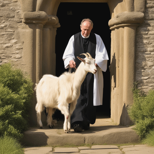 A vicar and a goat standing in the doorway of a church