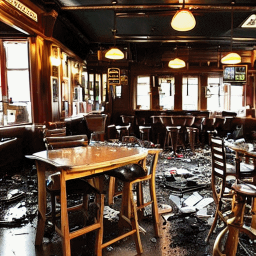 The wrecked interior of a pub