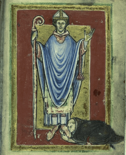 A page from an early medieval illustrated manuscript showing a monk kissing the foot of a saint