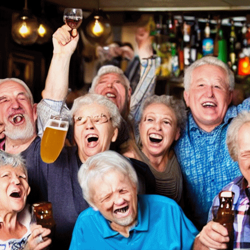 A group of drunken elderly people cheering