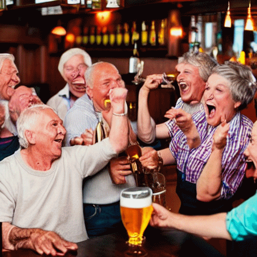 A group of drunken elderly people in a pub