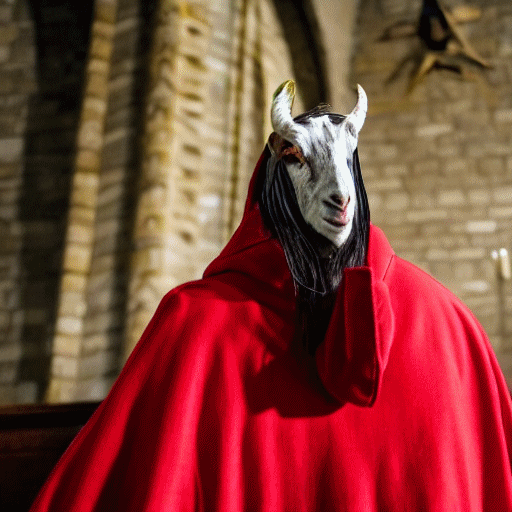 The 18th Earl of Gypping in a goat's head mask and red cloak