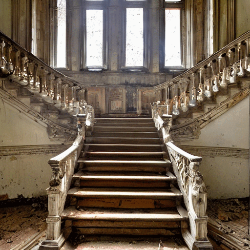 The Grand Staircase, Hemlock Hall, showing advanced signs of dereliction and decay