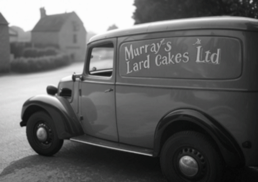 A black and white photograph of a van with Murray's Lard Cakes Ltd written on the side, taken during the 1930s